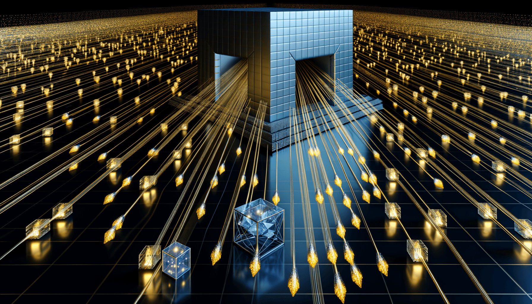 Silver monolith at center of digital network with golden fiber-optic threads flowing inward from surrounding nodes, chrome toll gates intercepting data streams.